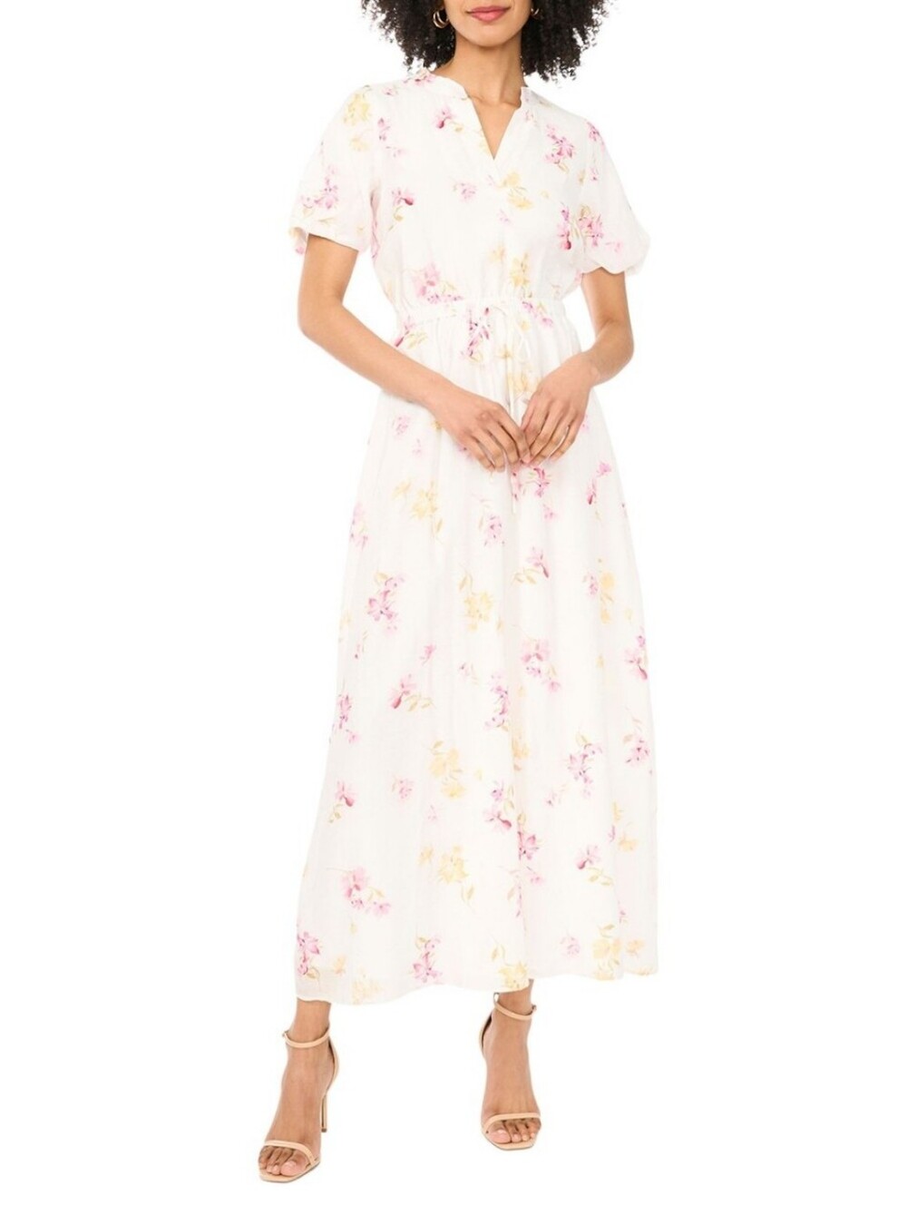Vince Camuto Floral V-Neck Maxi in White with Pink & Yellow Blooms - Lemon Cream